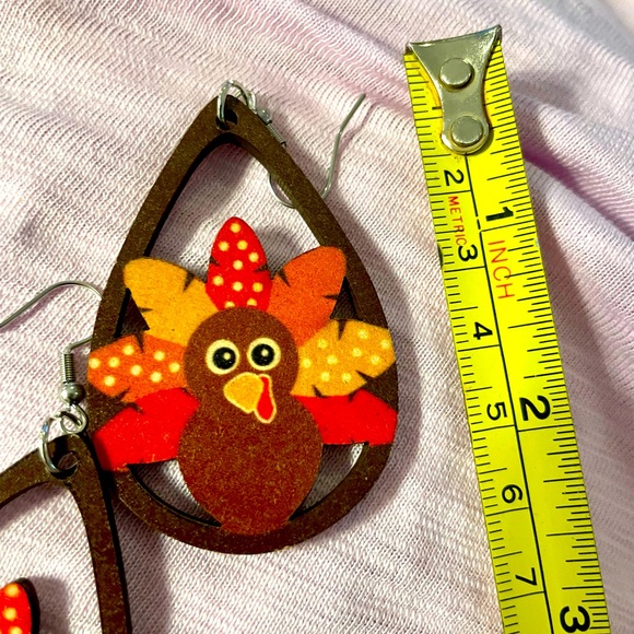 NWT Thanksgiving Turkey Wooden Colorful Earrings 3” long Same design both sides - Picture 3 of 3